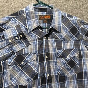 Canyon Guide Pearl Snap Shirt Mens L blue plaid western rodeo button lightweight